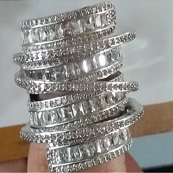 Sterling Silver Baguette Cubic Zircon Multilayer Cross Over Statement Ring - Picture 8 of 11